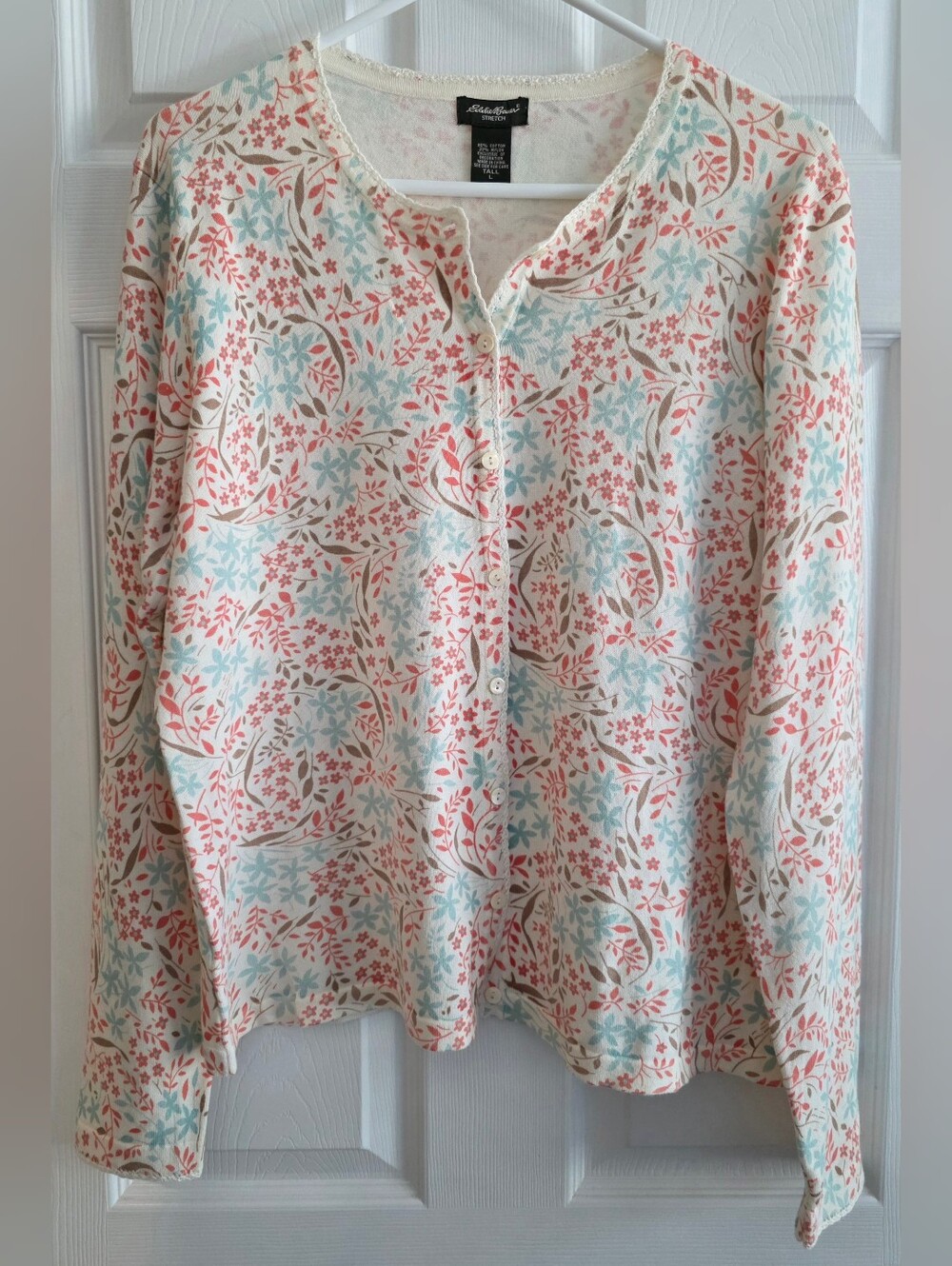 Eddie Bauer Tall Cardidan Sweater Peach Aqua Braided Trim Preppy